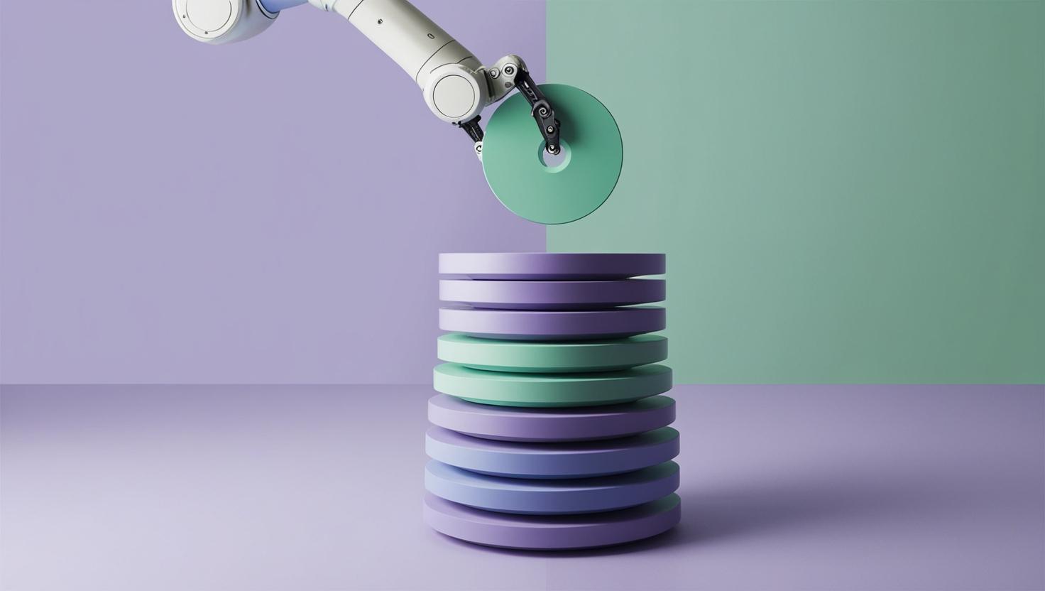 Imagem moderna e minimalista de um braço robotico selecionando um disco de um banco de dados